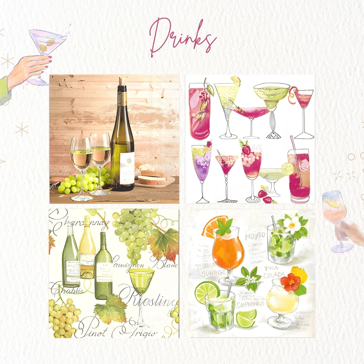 Drinks ~ A Set of 4 Cocktail Napkin Packs (20 in each, 5" x 5" folded)